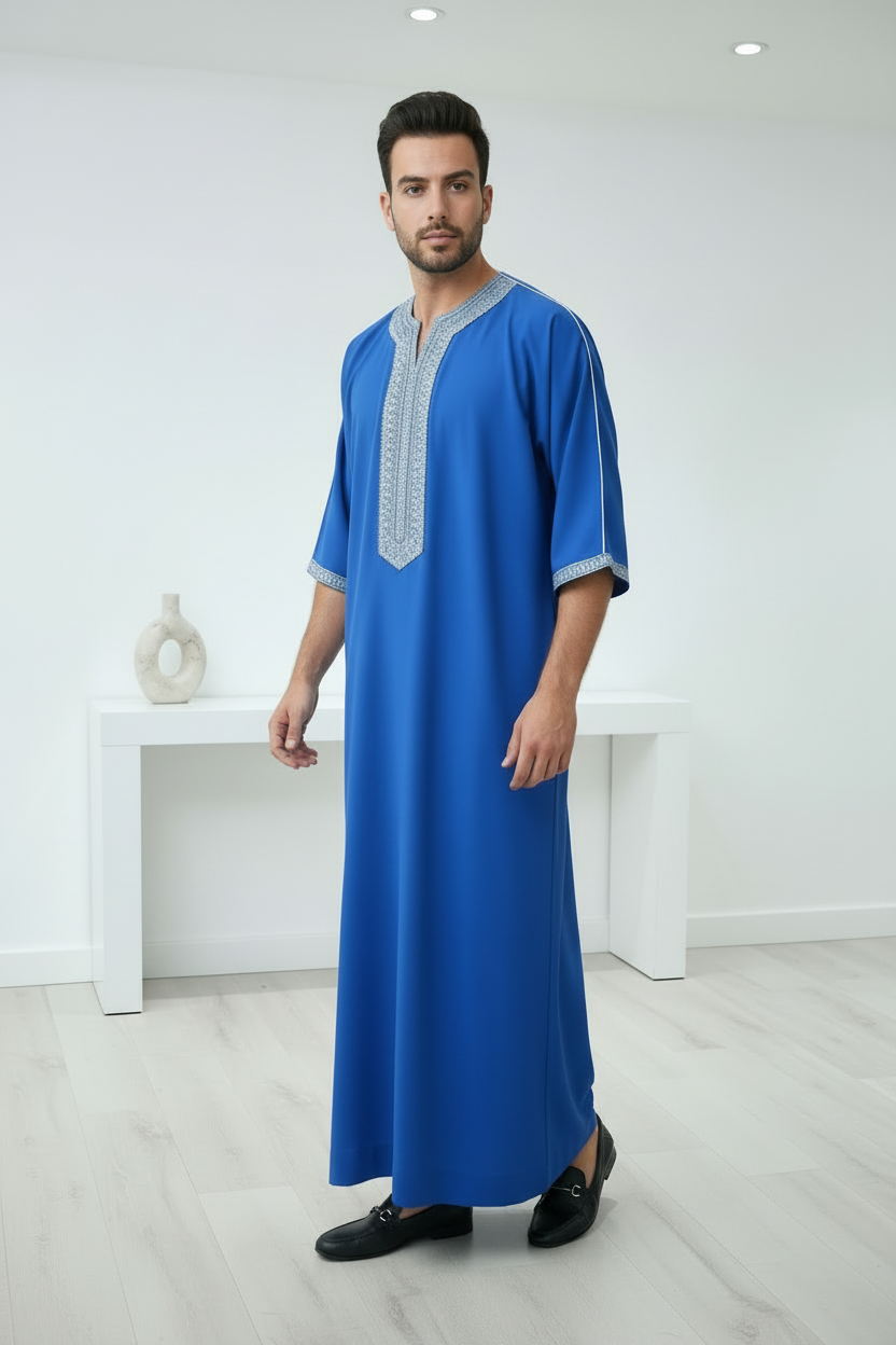 Royal Blue Artisan Short Sleeve Thobe