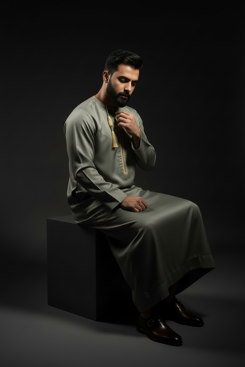 ثوب إماراتي أخضر ترابي لامع