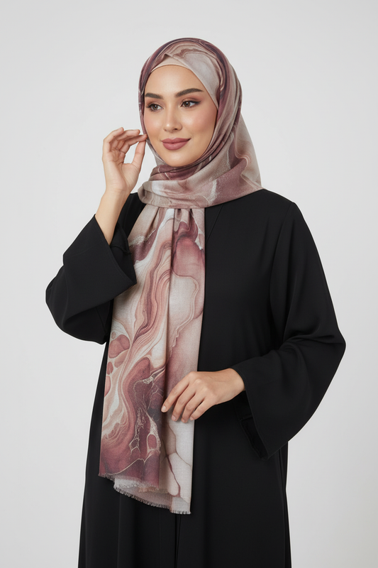 Woman wearing a patterned hijab and black outfit