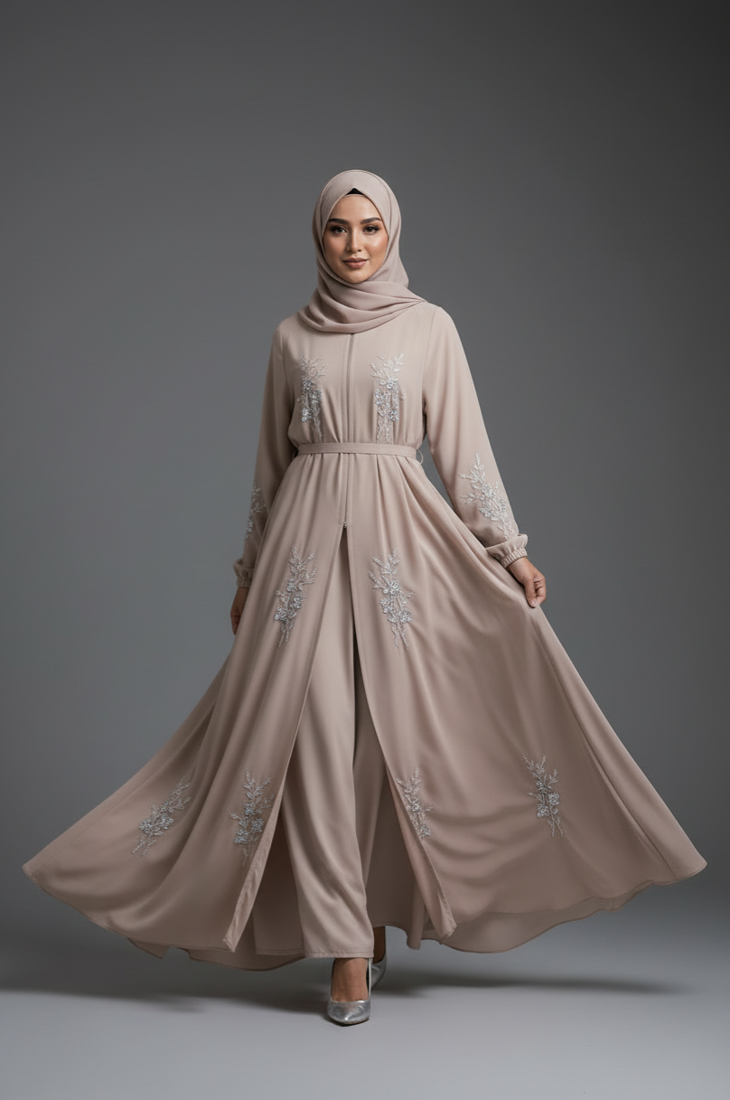 Rose Taupe Chiffon Embellished Abaya