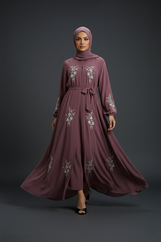 Muted Plum Chiffon Embellished Abaya