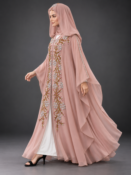 Dusty Rose Crystal & Bead Embellished Hooded Farasha