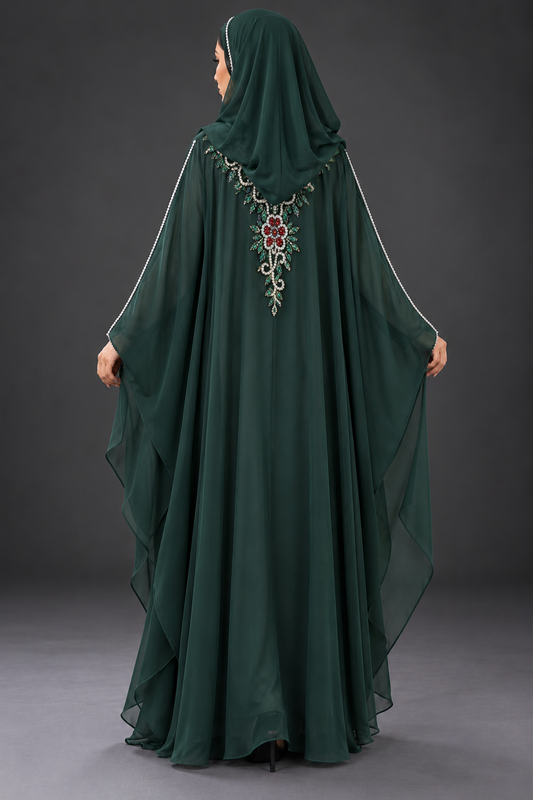 Emerald Floral Crystal & Bead Embellished Hooded Farasha