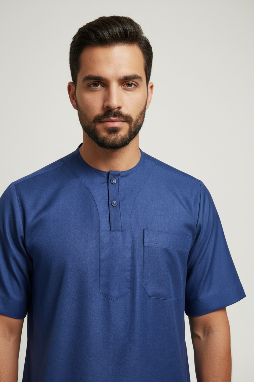 Short Sleeve Cotton Thobe in Navy