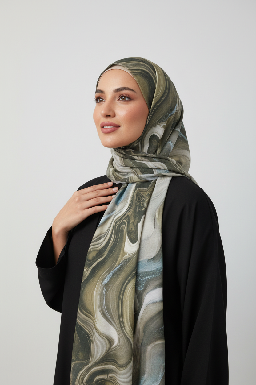 Woman wearing a patterned hijab and black outfit