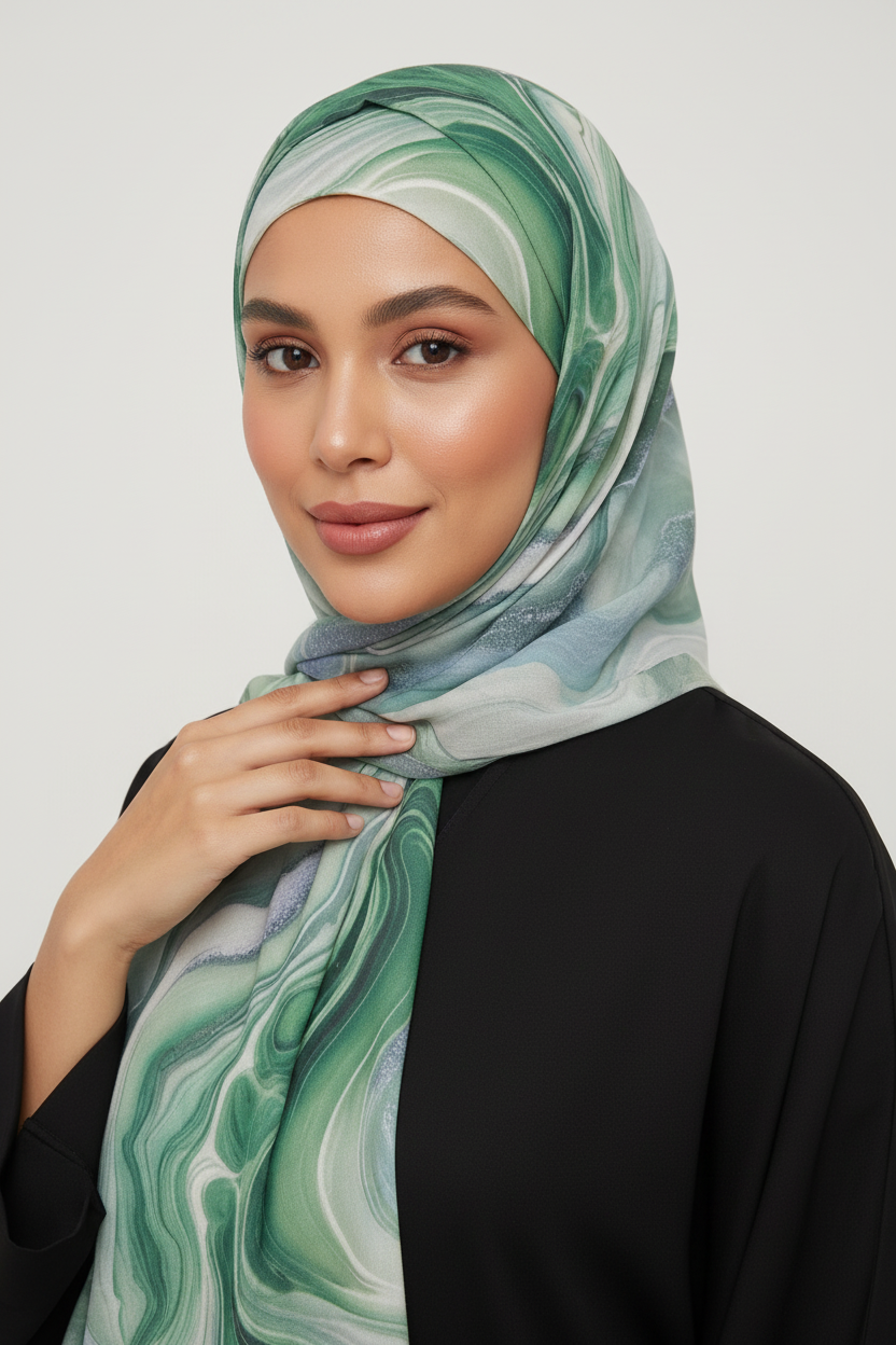 Woman wearing a green and white patterned