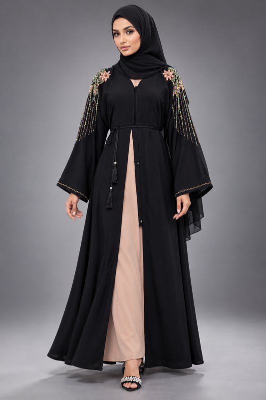 Black Floral Crystal & Bead Embellished Nidha Abaya
