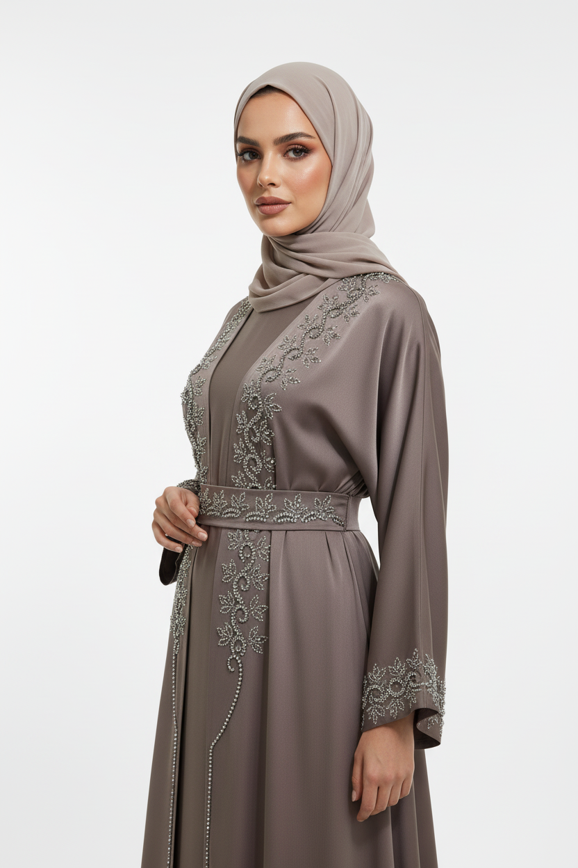 Hasina Taupe Abaya Close-up Three-Quarter 8K