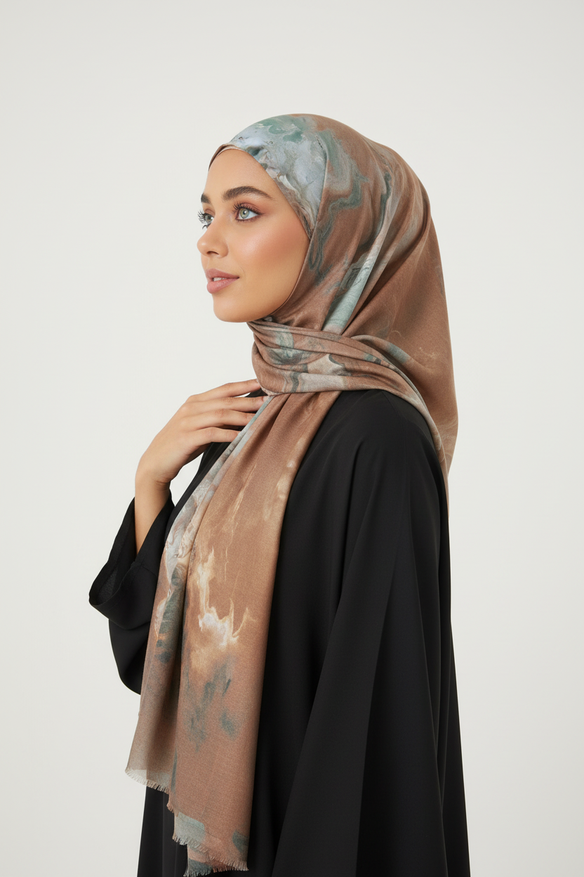 Woman wearing a patterned hijab and black