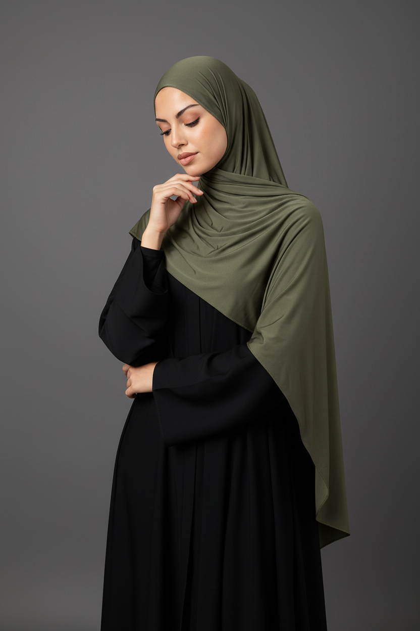 Woman wearing a green hijab and black outfit
