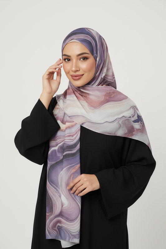 Woman wearing a patterned hijab and black outfi