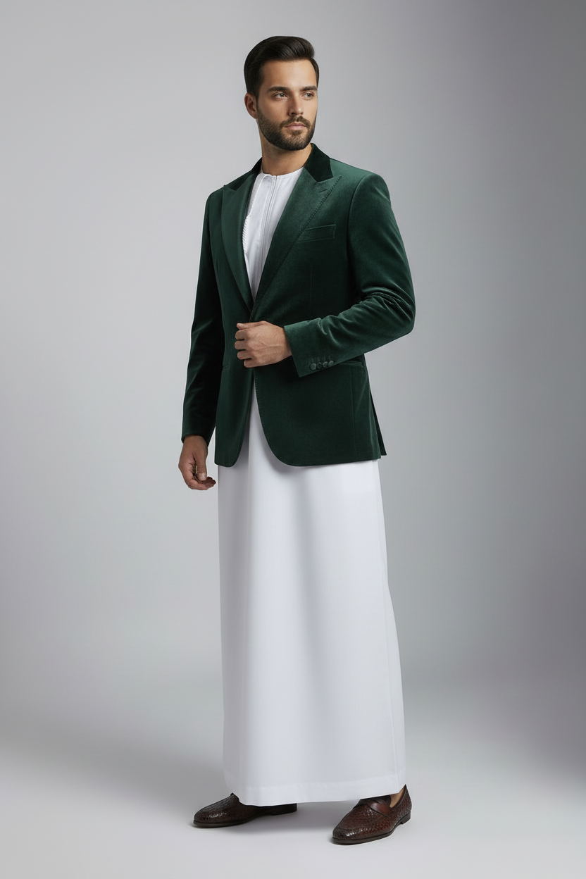 White Thobe with Open Green Jacket & Loafers