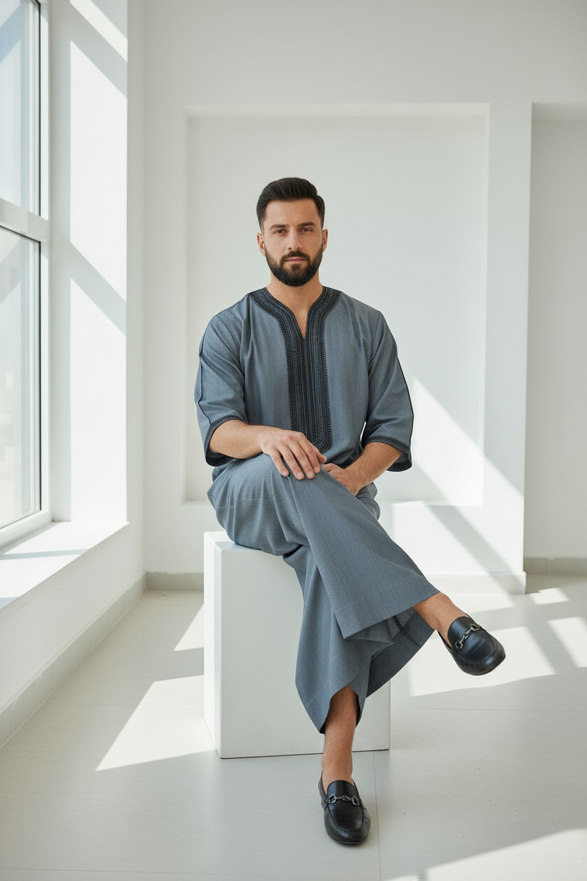 Grey Artisan Short Sleeve Thobe