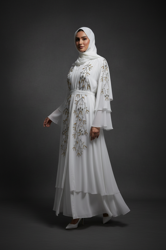 White Embellished Abaya - Three-Quarter Turn