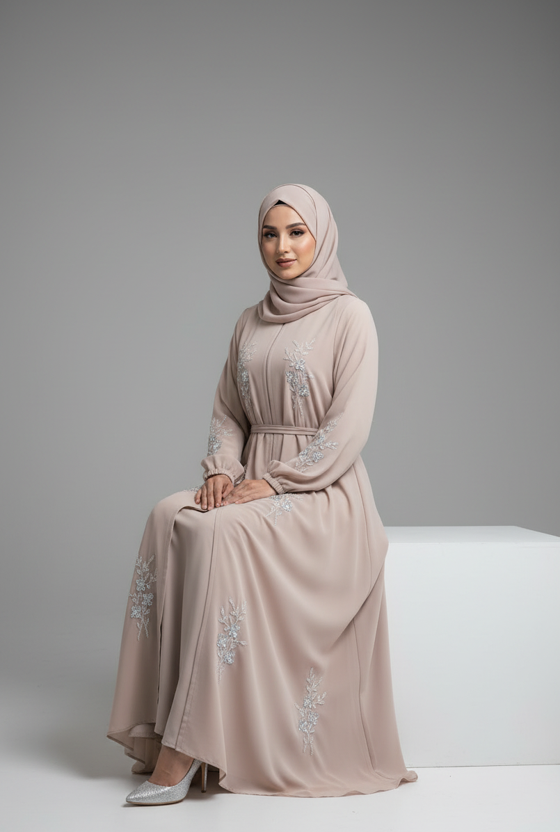 Rose Taupe Chiffon Embellished Abaya