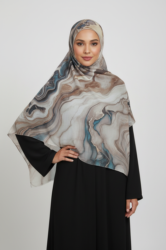 Woman wearing a marbled patterned hijab and black outfit 