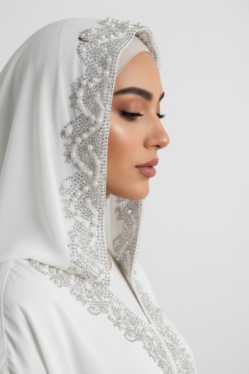 Woman wearing a white hijab with silver embellishments