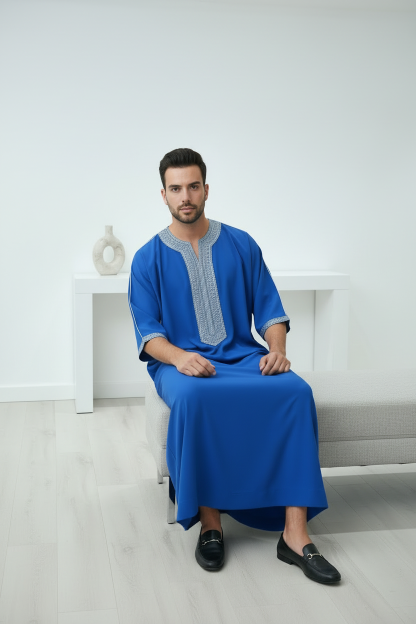 Royal Blue Artisan Short Sleeve Thobe