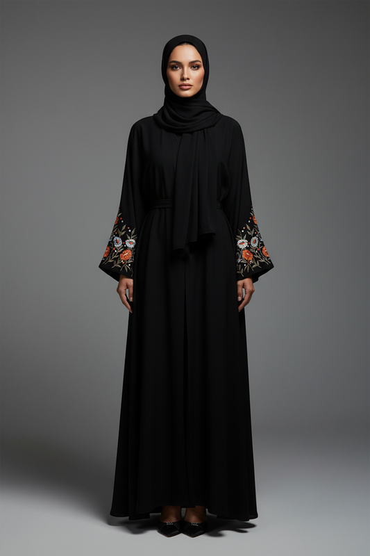 Floral Embroidered Abaya in Black