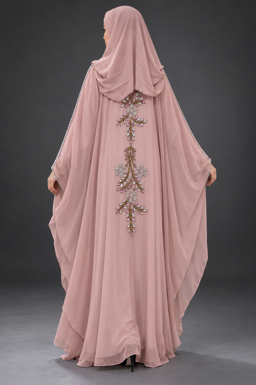 Dusty Rose Crystal & Bead Embellished Hooded Farasha