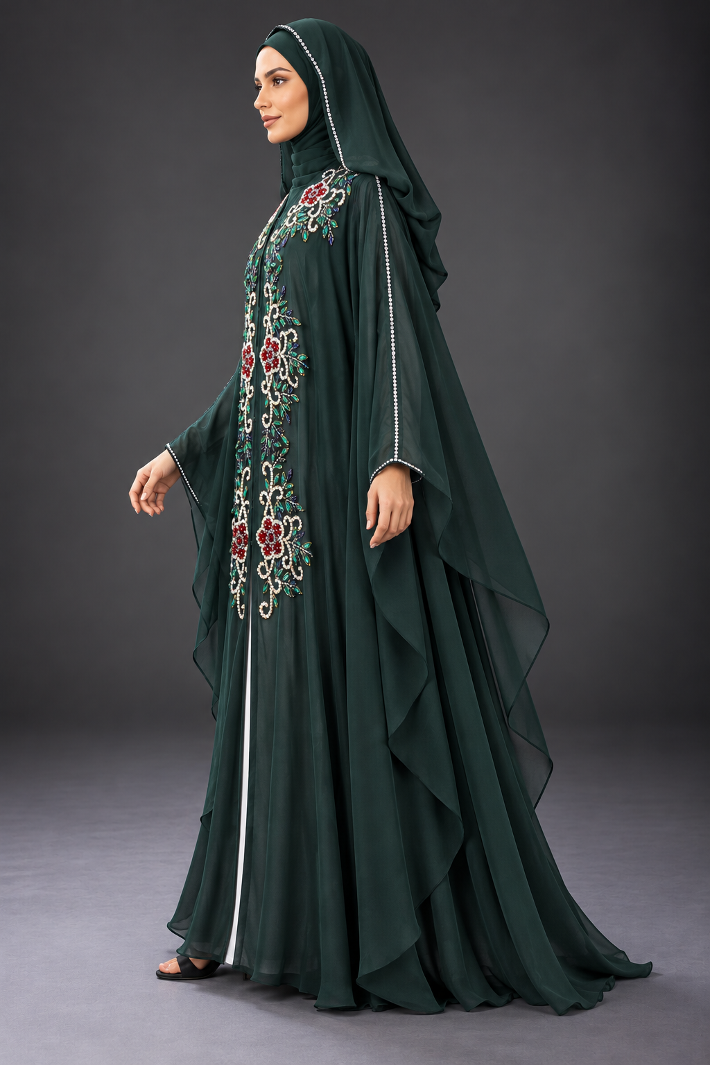 Emerald Floral Crystal & Bead Embellished Hooded Farasha