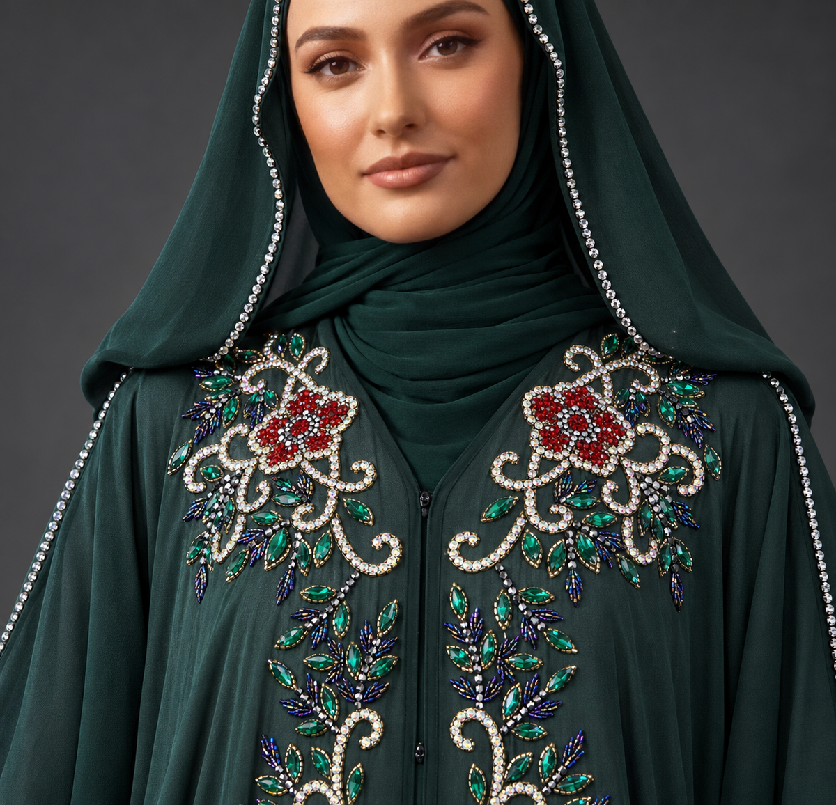 Emerald Floral Crystal & Bead Embellished Hooded Farasha
