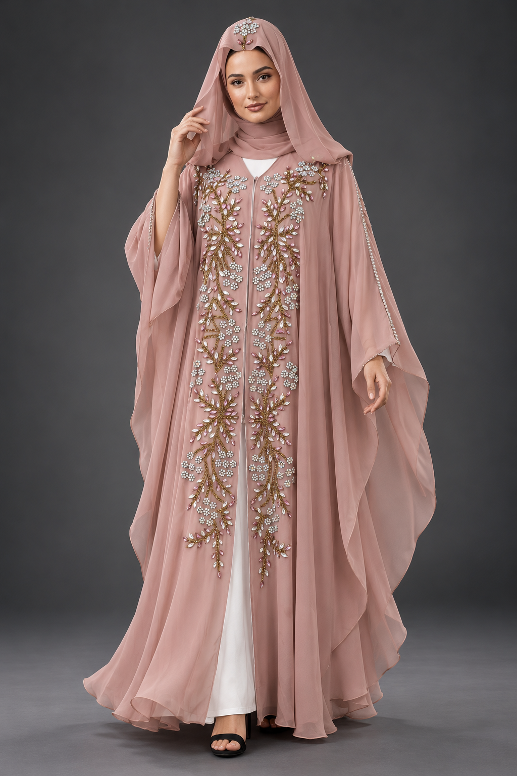 Dusty Rose Crystal & Bead Embellished Hooded Farasha