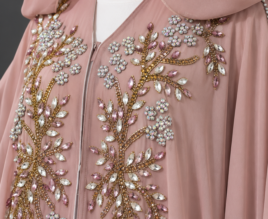 Dusty Rose Crystal & Bead Embellished Hooded Farasha
