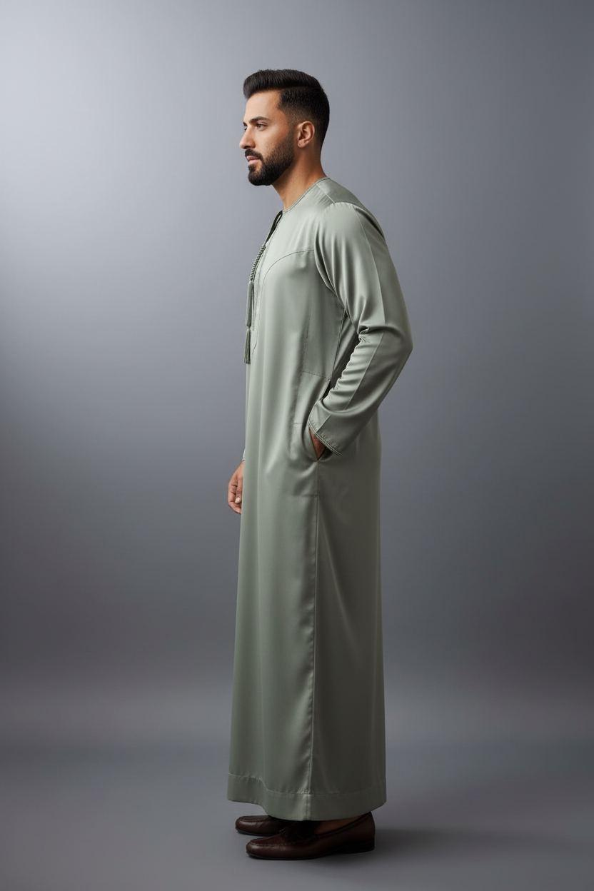 Man wearing a long jubba moss colour