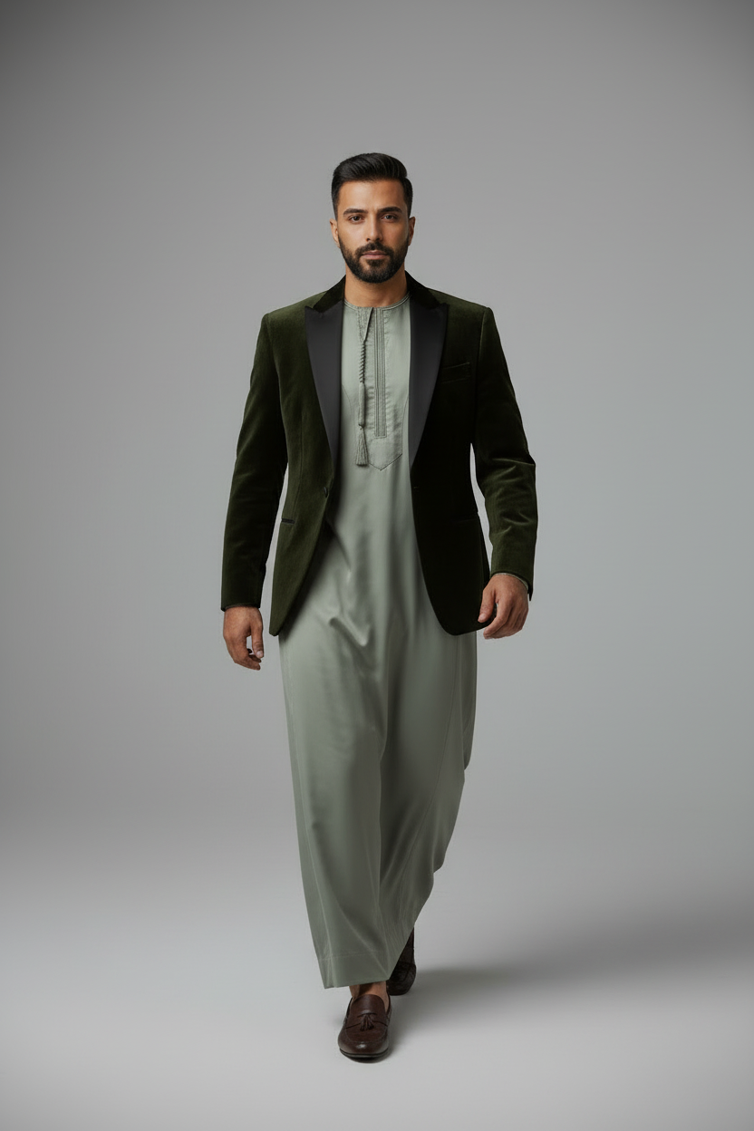 Man wearing a dark green blazer over a moss jubba 