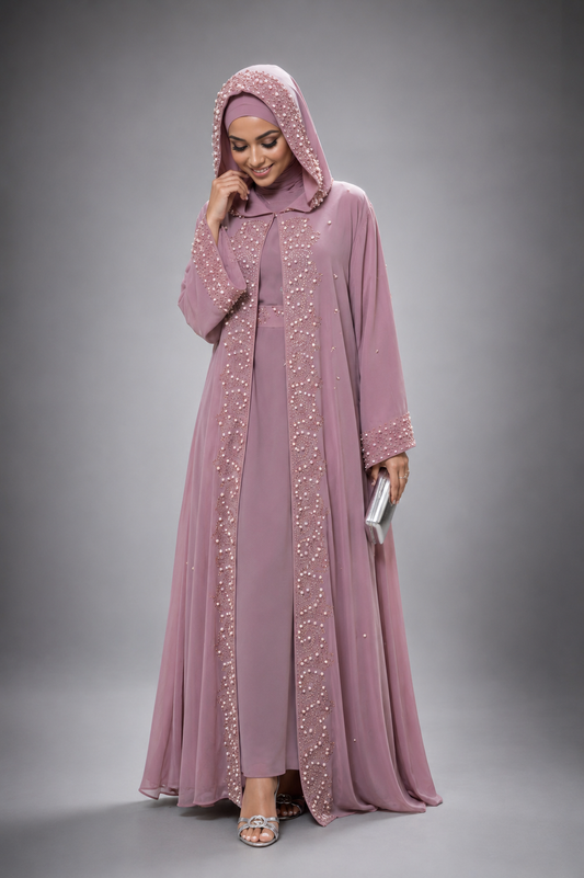 A woman modeling a full-length dusty pink abaya with matching hijab, decorated with sparkling silver beadwork along the front opening and sleeve cuffs, set against a neutral gray studio background.