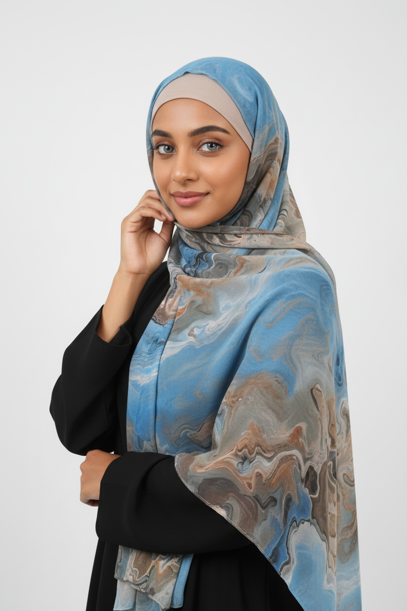 Amina Sky Blue Taupe Watercolour Pose 3