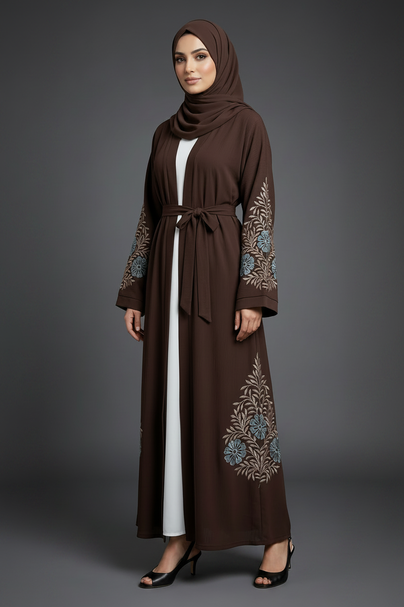 Woman wearing a brown embroidered abaya 