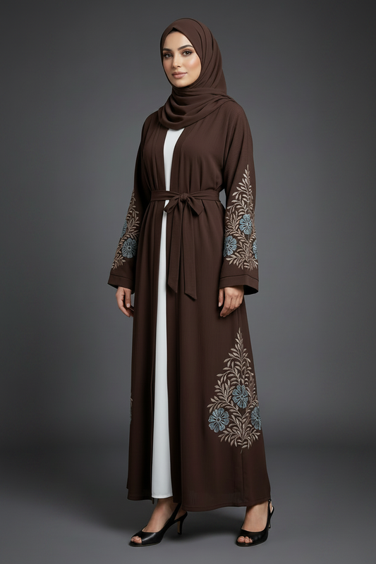 Woman wearing a brown embroidered abaya 