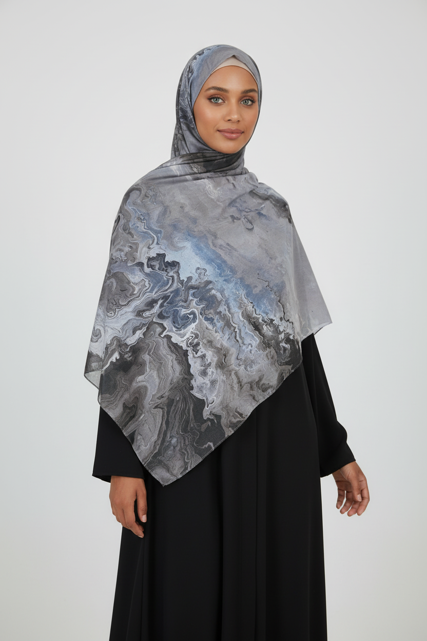 Woman wearing a gray and blue patterned hijab 