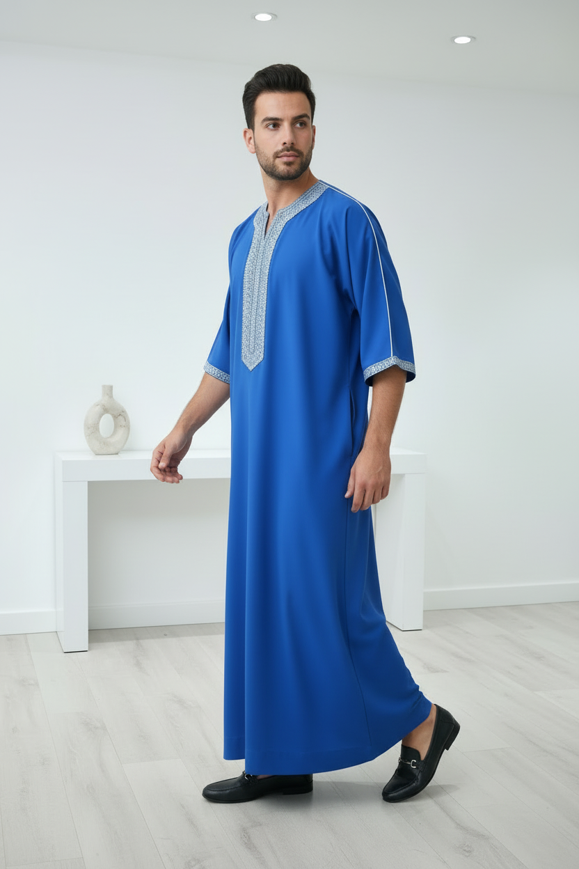 Royal Blue Artisan Short Sleeve Thobe