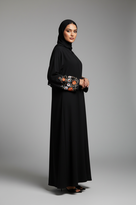 Floral Embroidered Abaya in Black