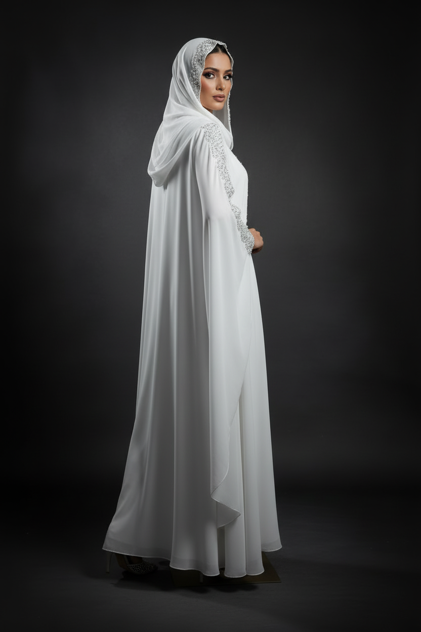 Woman wearing a white abaya with intricate designs