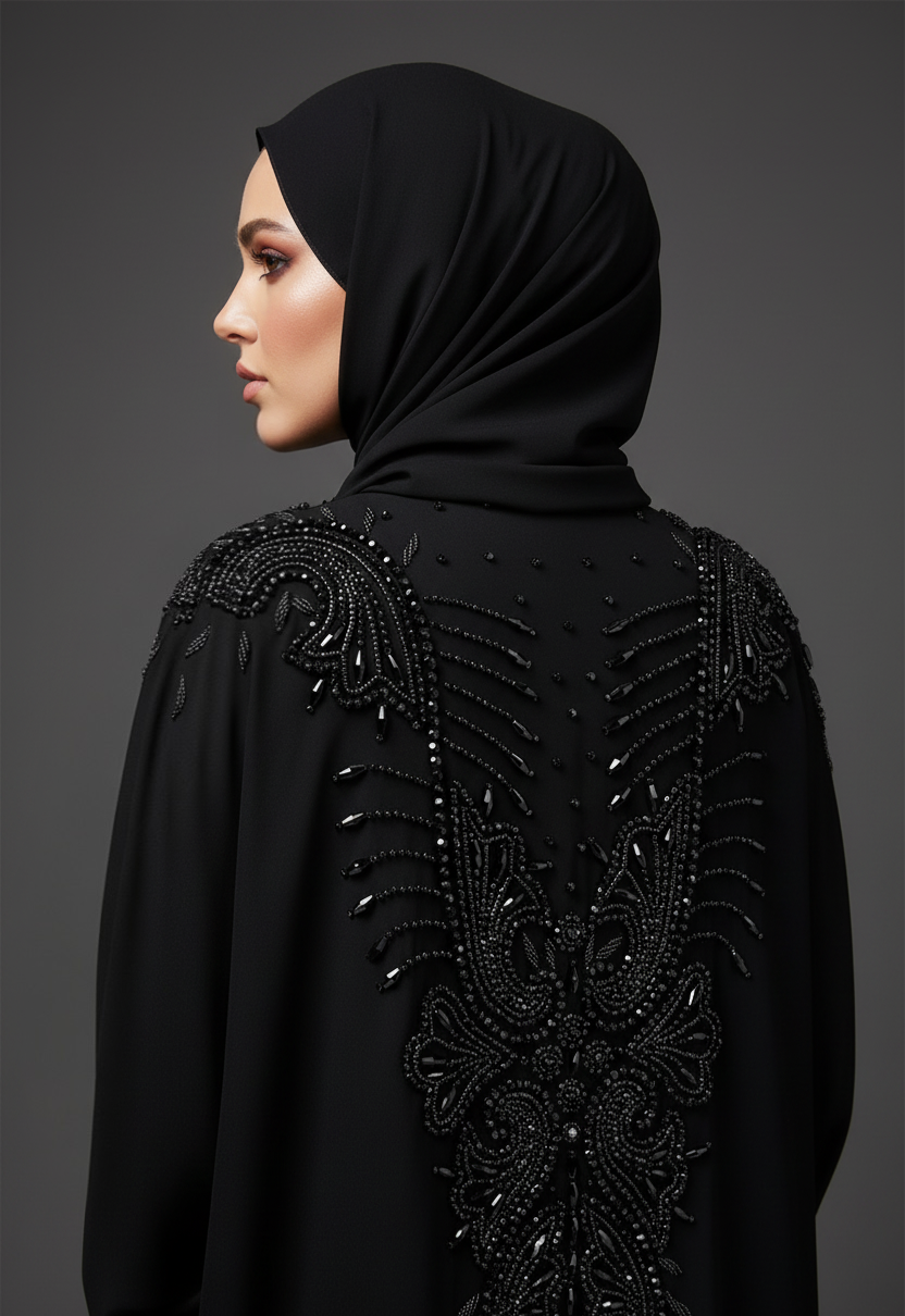 Woman wearing a black hijab and embellished black abaya