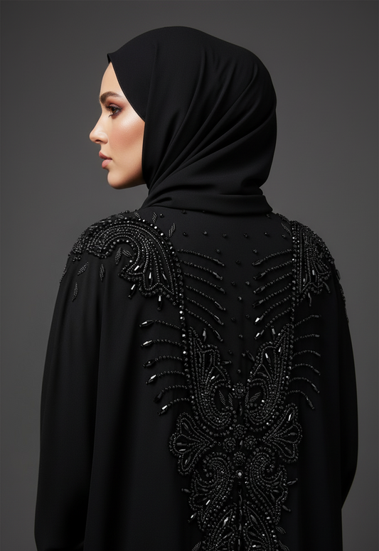Woman wearing a black hijab and embellished black abaya