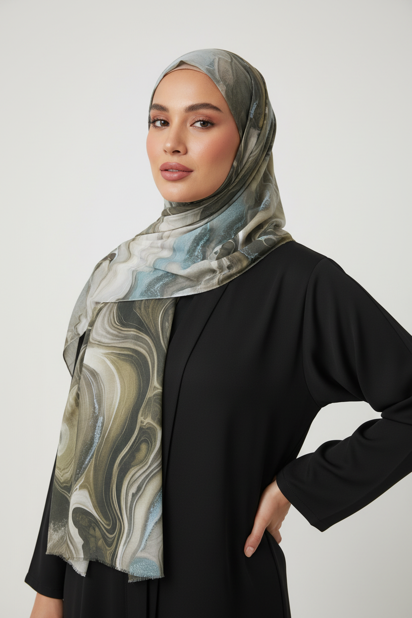 Woman wearing a black outfit with a patterned hijab