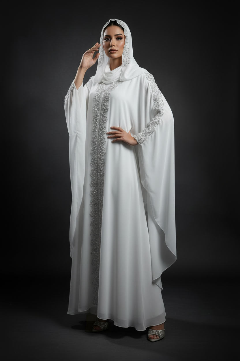 Woman wearing a white embellished abaya