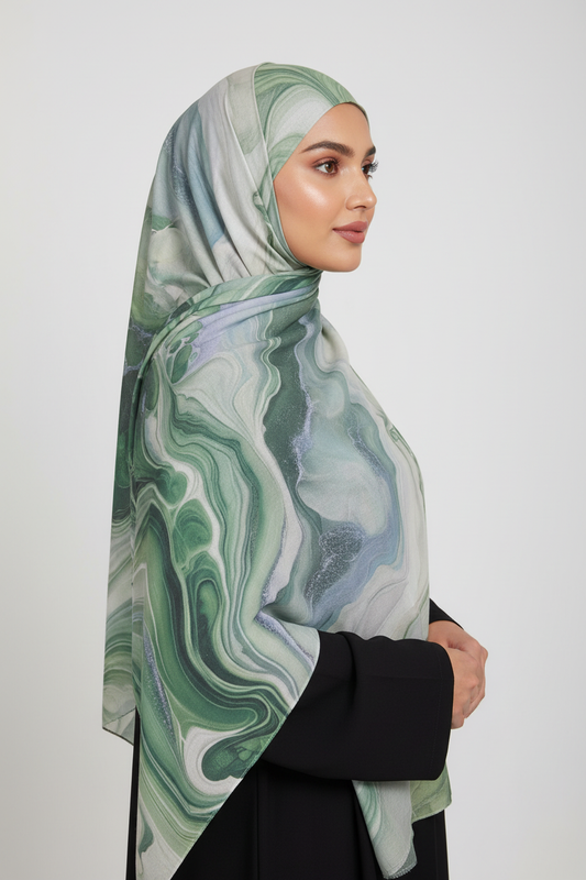 Woman wearing a green and gray patterned hijab 