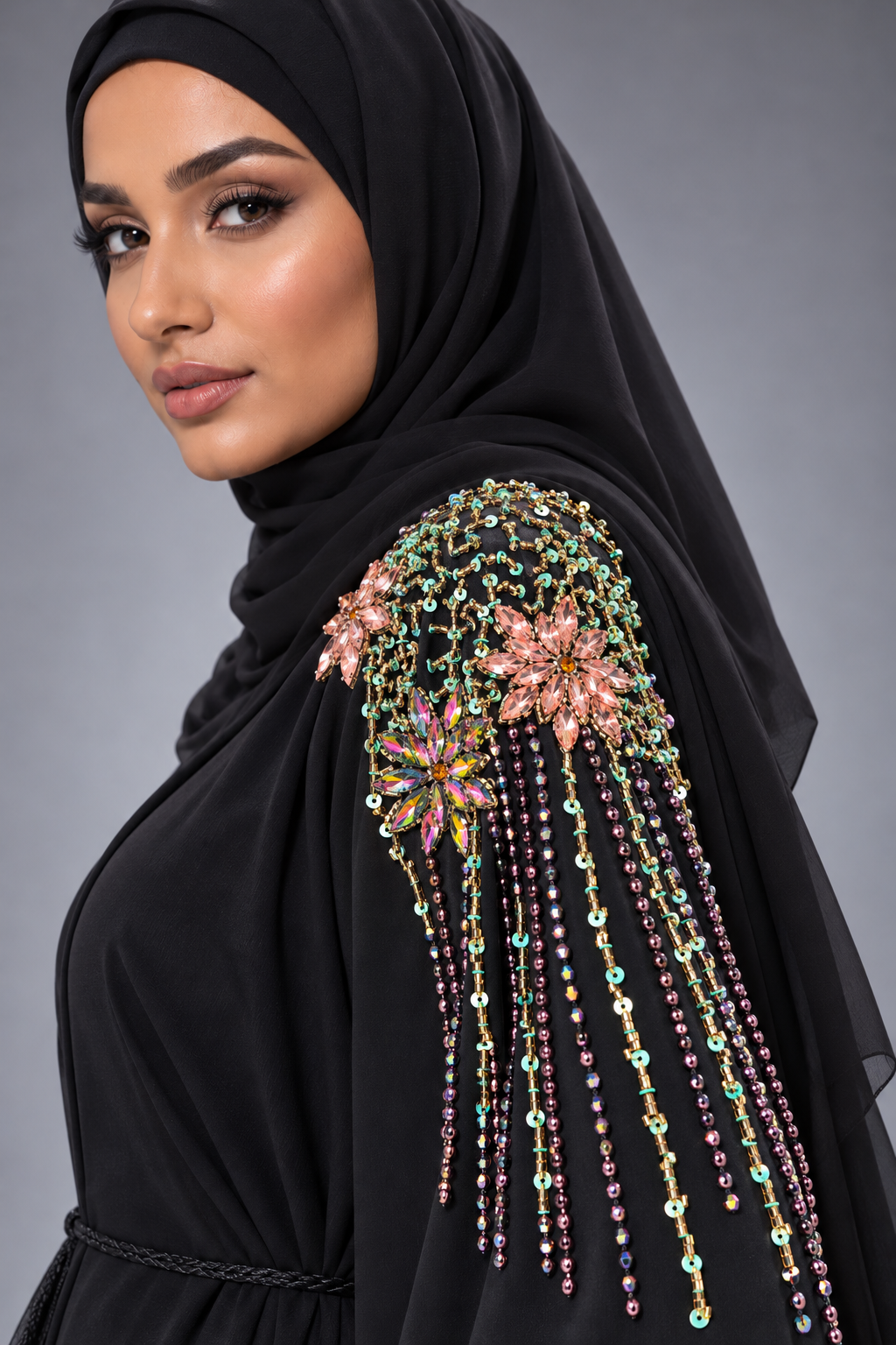 Black Floral Crystal & Bead Embellished Nidha Abaya