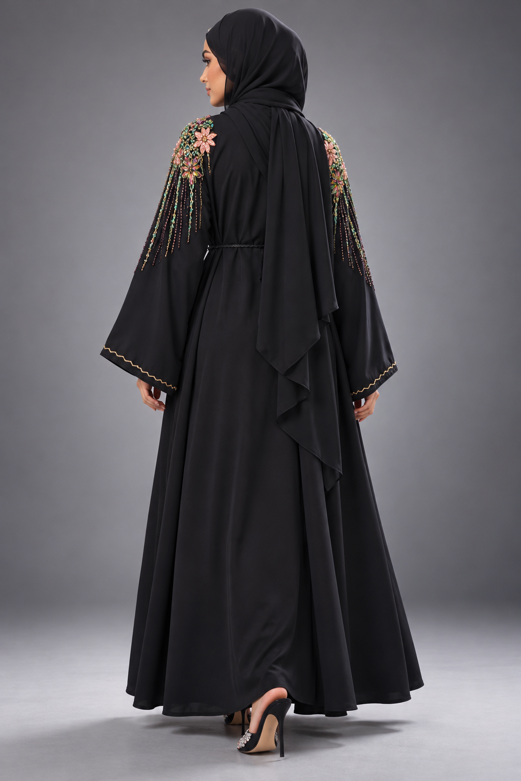 Black Floral Crystal & Bead Embellished Nidha Abaya