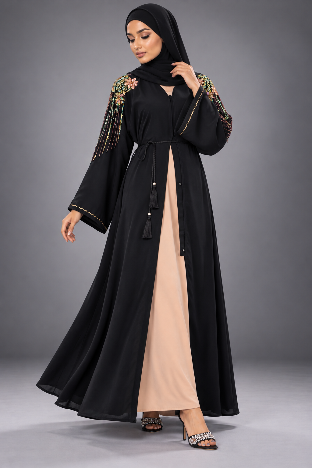Black Floral Crystal & Bead Embellished Nidha Abaya