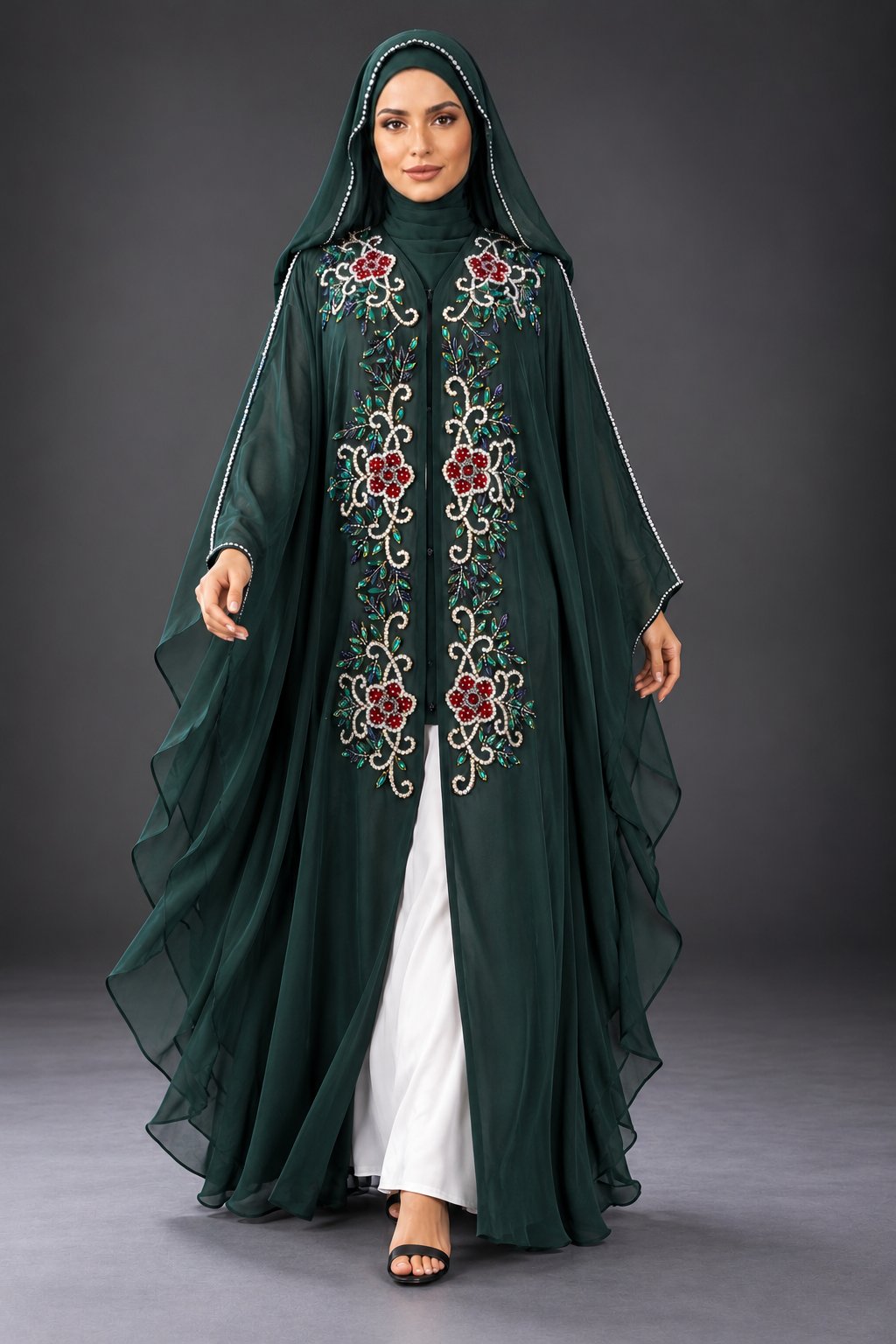 Emerald Floral Crystal & Bead Embellished Hooded Farasha