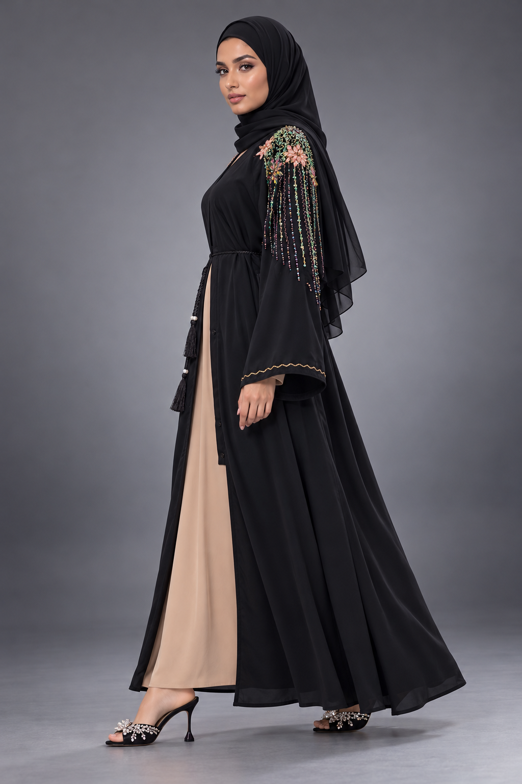 Black Floral Crystal & Bead Embellished Nidha Abaya