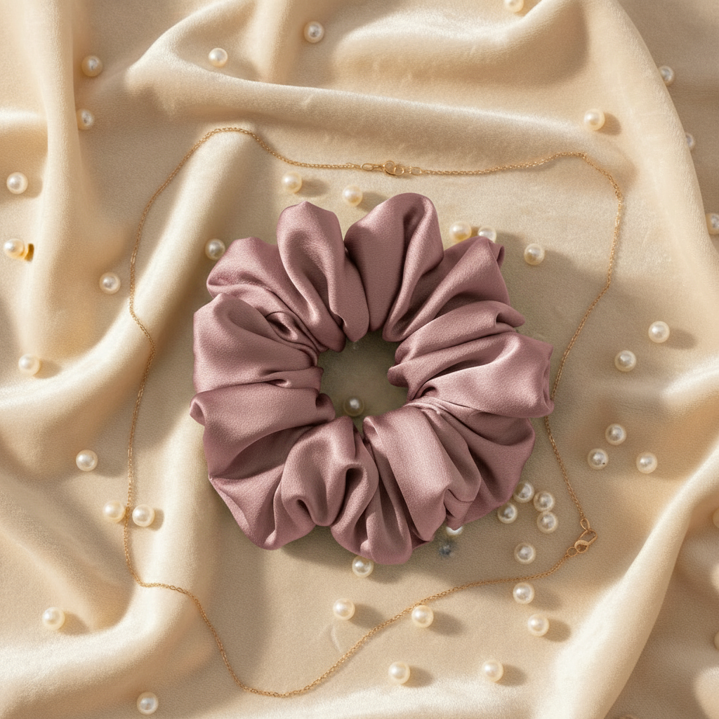 Flat lay 2 - pearls & satin