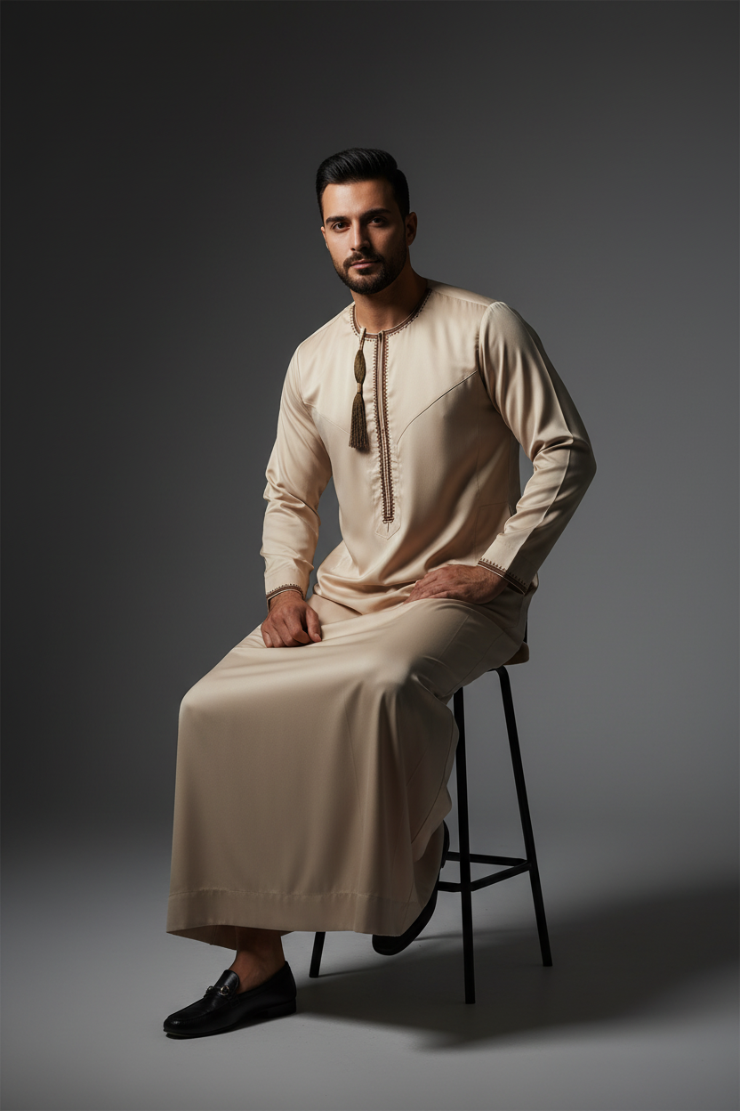 Light Gold Embroidered Emirati Thobe